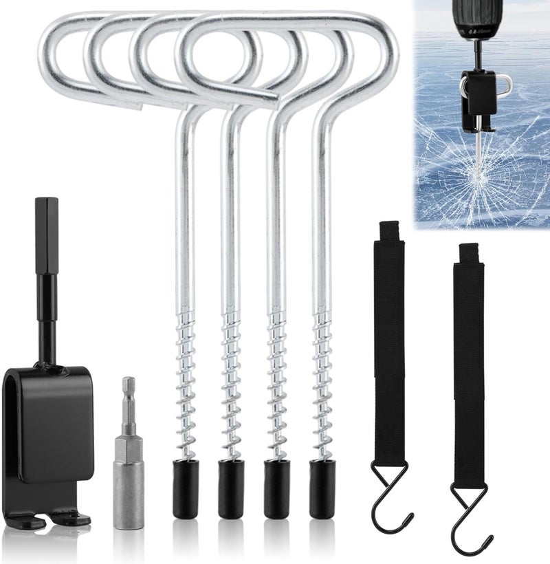 NOWHYX 8pcs Ice Fishing Anchor Tool Kit, Ice Anchor Drill Adapter Kit, Ice-Fishing Shelter Stake Nail with Ice-Fishing Shelter Coat Hooks, for Setting Up ICES Fishing Shelters Tent - Image 1